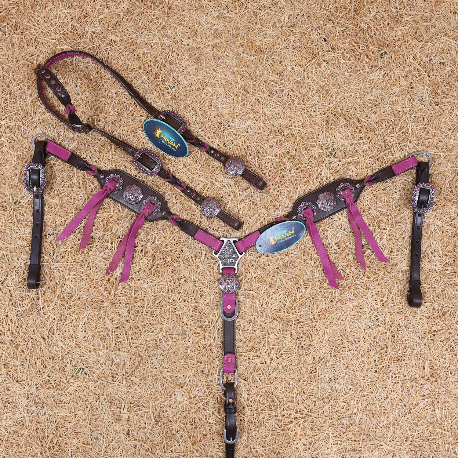 MOUSM Western Horse Tack Set – Handcrafted from Argentina Cow Leather with Neon Pink Leopard Print, Twisted Knot One-Ear Headstall, Cheekpiece and Breast Collar with Center Slot Concho, Rhinestone Berry Conchos with Studs, and Antique Nickel Hardware