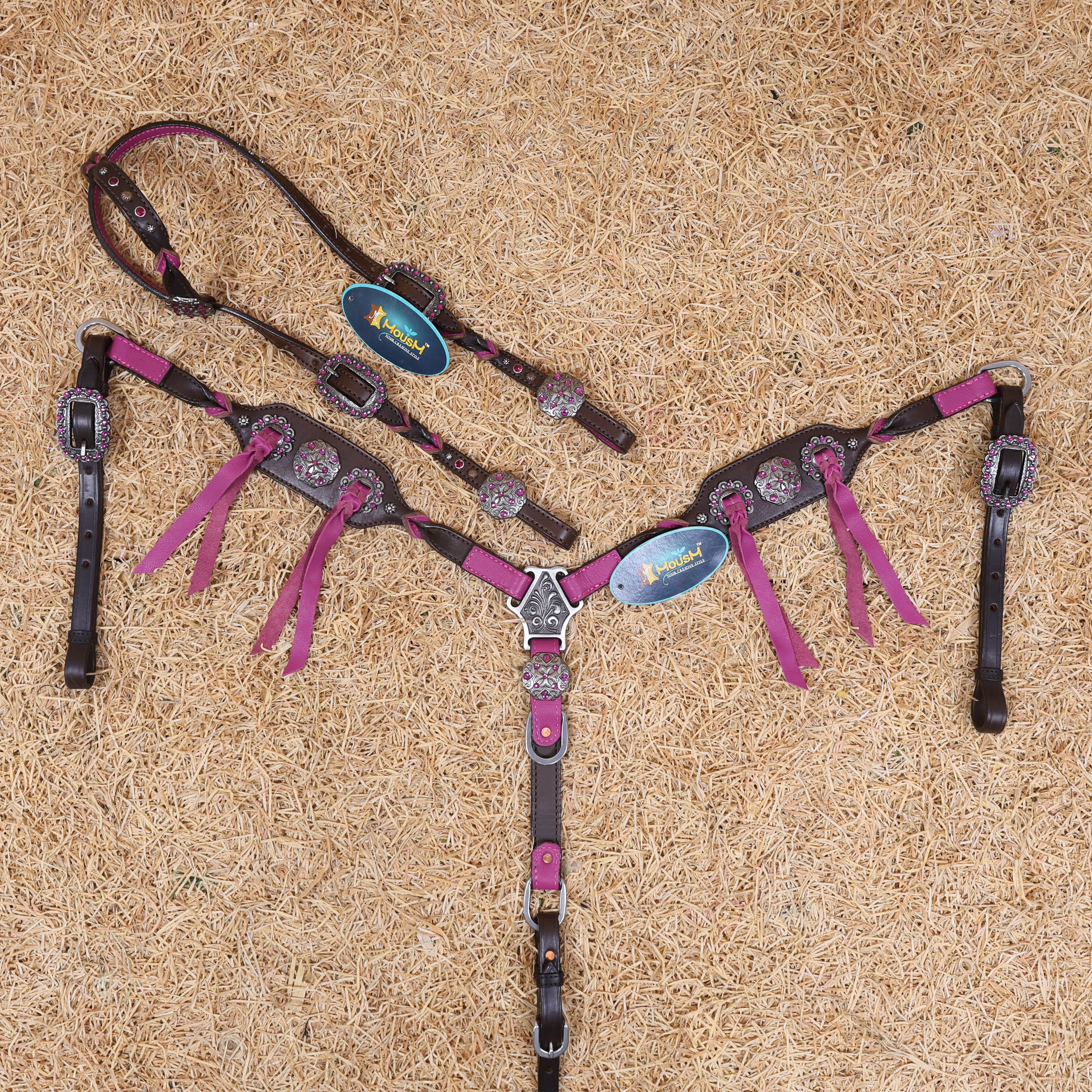 MOUSM Western Horse Tack Set – Handcrafted from Argentina Cow Leather with Neon Pink Leopard Print, Twisted Knot One-Ear Headstall, Cheekpiece and Breast Collar with Center Slot Concho, Rhinestone Berry Conchos with Studs, and Antique Nickel Hardware
