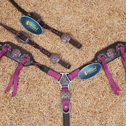 MOUSM Western Horse Tack Set – Handcrafted from Argentina Cow Leather with Neon Pink Leopard Print, Twisted Knot One-Ear Headstall, Cheekpiece and Breast Collar with Center Slot Concho, Rhinestone Berry Conchos with Studs, and Antique Nickel Hardware