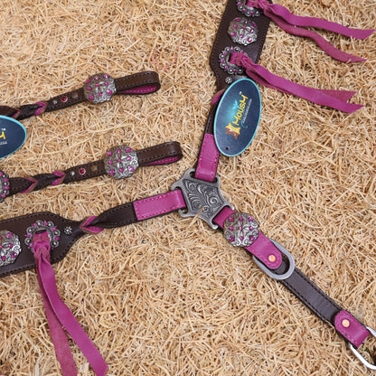 MOUSM Western Horse Tack Set – Handcrafted from Argentina Cow Leather with Neon Pink Leopard Print, Twisted Knot One-Ear Headstall, Cheekpiece and Breast Collar with Center Slot Concho, Rhinestone Berry Conchos with Studs, and Antique Nickel Hardware
