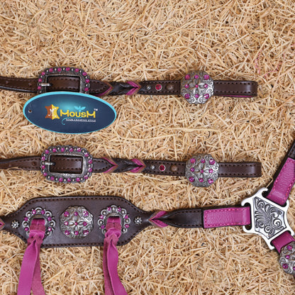 MOUSM Western Horse Tack Set – Handcrafted from Argentina Cow Leather with Neon Pink Leopard Print, Twisted Knot One-Ear Headstall, Cheekpiece and Breast Collar with Center Slot Concho, Rhinestone Berry Conchos with Studs, and Antique Nickel Hardware