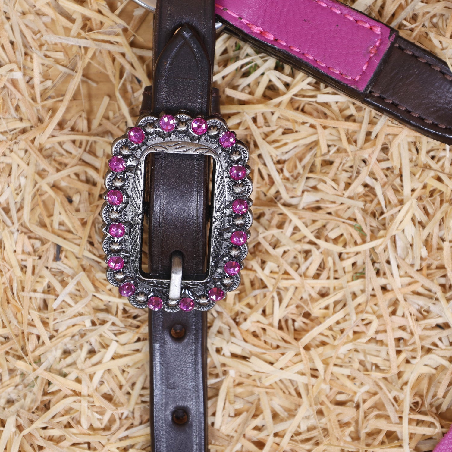 MOUSM Western Horse Tack Set – Handcrafted from Argentina Cow Leather with Neon Pink Leopard Print, Twisted Knot One-Ear Headstall, Cheekpiece and Breast Collar with Center Slot Concho, Rhinestone Berry Conchos with Studs, and Antique Nickel Hardware