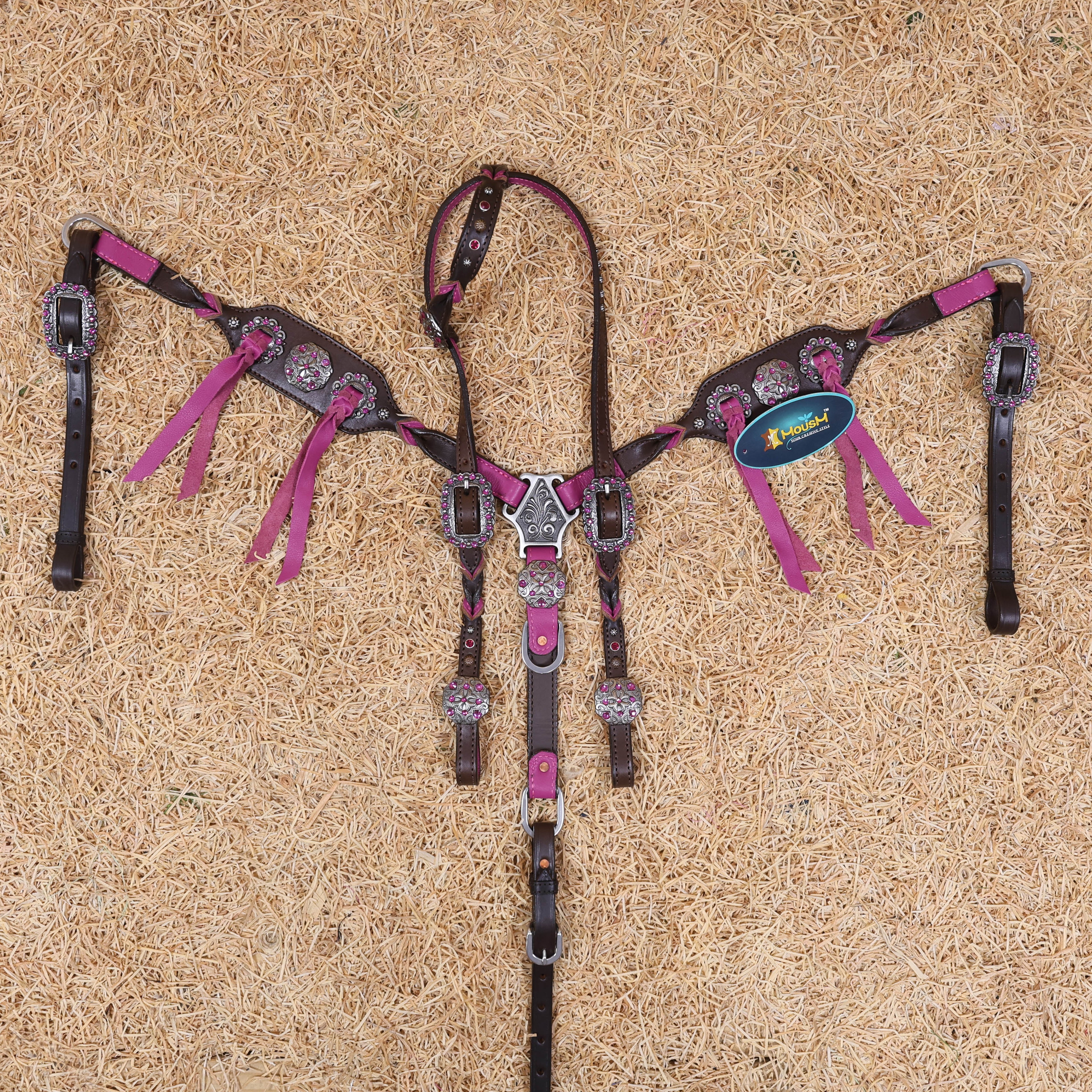 MOUSM Western Horse Tack Set – Handcrafted from Argentina Cow Leather with Neon Pink Leopard Print, Twisted Knot One-Ear Headstall, Cheekpiece and Breast Collar with Center Slot Concho, Rhinestone Berry Conchos with Studs, and Antique Nickel Hardware