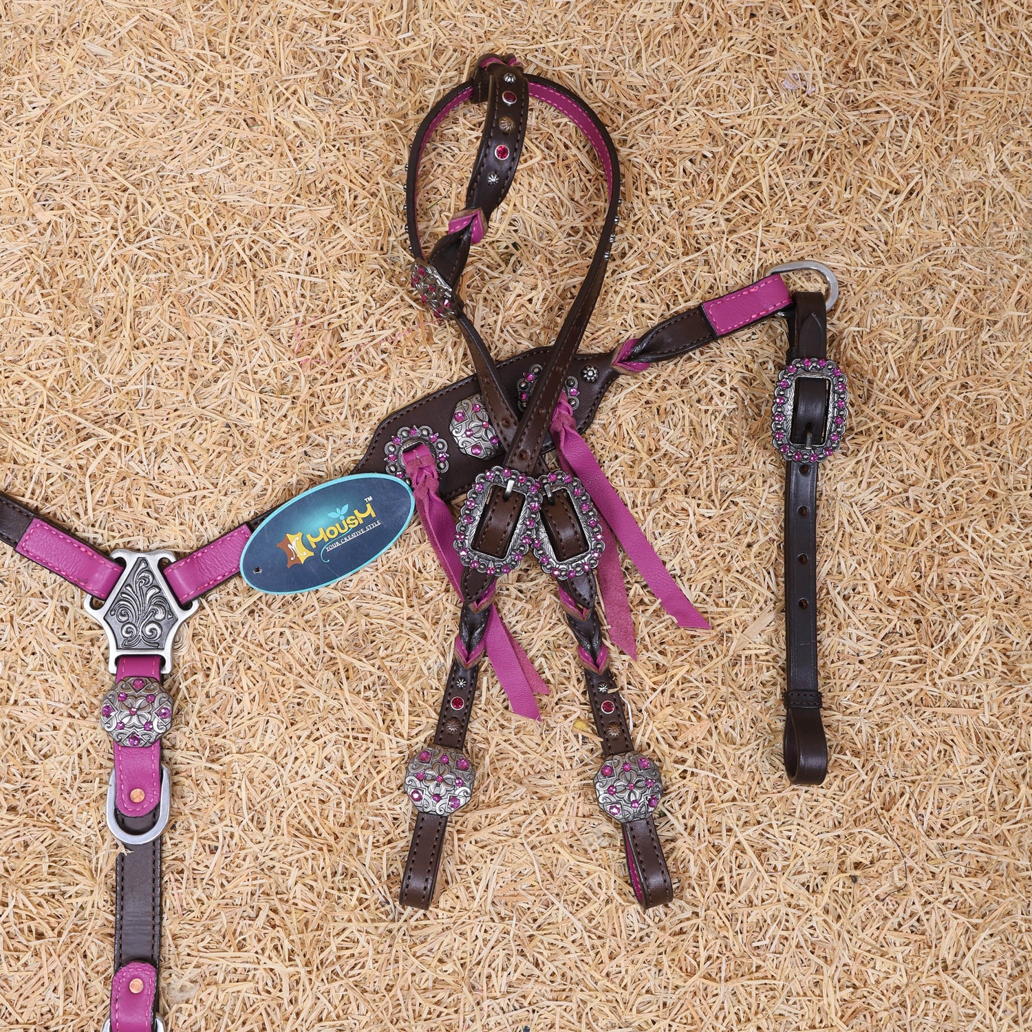 MOUSM Western Horse Tack Set – Handcrafted from Argentina Cow Leather with Neon Pink Leopard Print, Twisted Knot One-Ear Headstall, Cheekpiece and Breast Collar with Center Slot Concho, Rhinestone Berry Conchos with Studs, and Antique Nickel Hardware