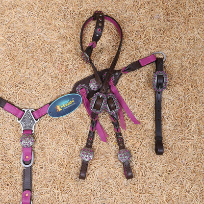 MOUSM Western Horse Tack Set – Handcrafted from Argentina Cow Leather with Neon Pink Leopard Print, Twisted Knot One-Ear Headstall, Cheekpiece and Breast Collar with Center Slot Concho, Rhinestone Berry Conchos with Studs, and Antique Nickel Hardware