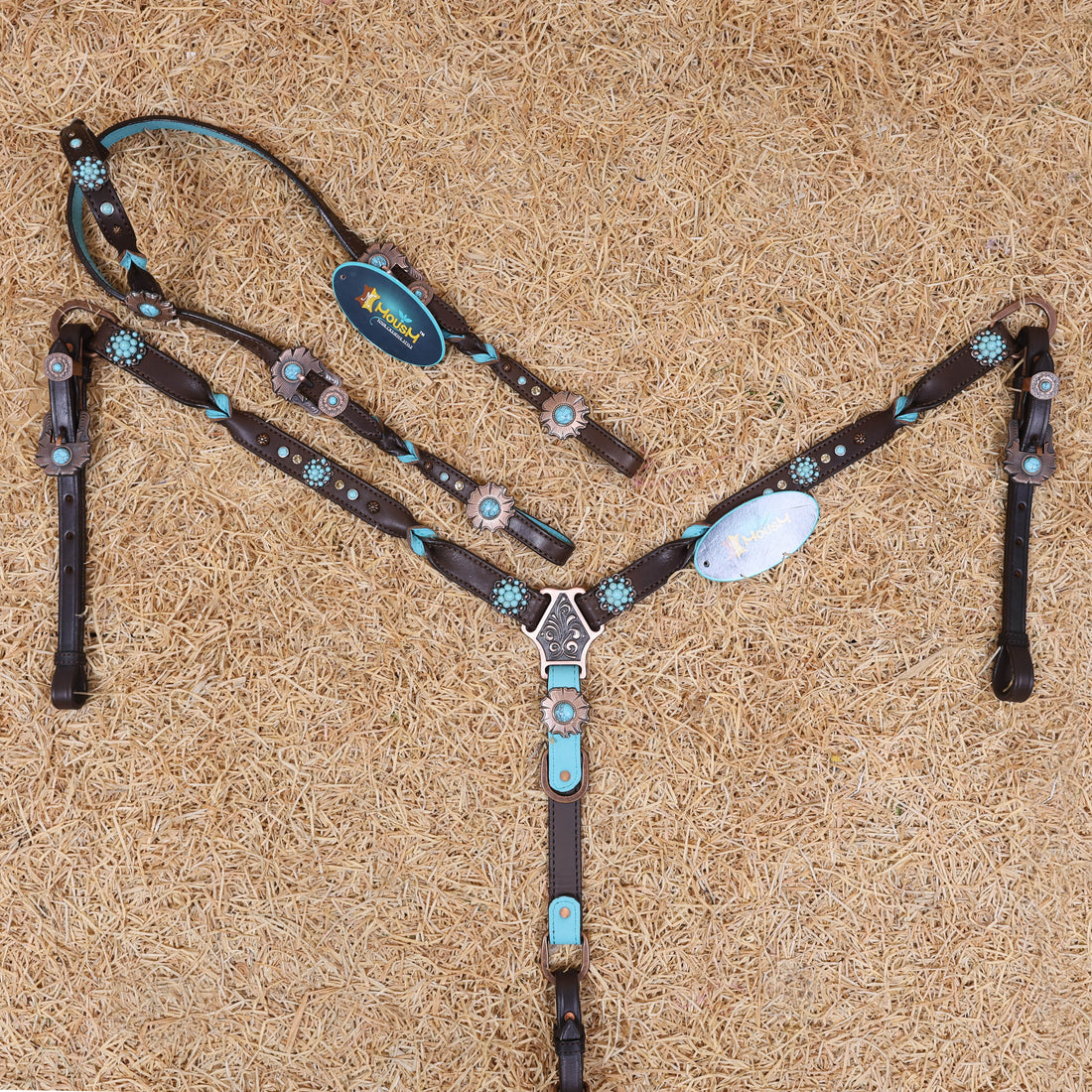 MOUSM Western Headstall and Breast Collar Set – Handcrafted from Argentina Cow Leather with Twisted Knot One-Ear Headstall, Cheekpiece, and Breast Collar, Berry Conchos with Turquoise Stones, Flower Conchos &amp; Flower Buckles with Center Turquoise Stone