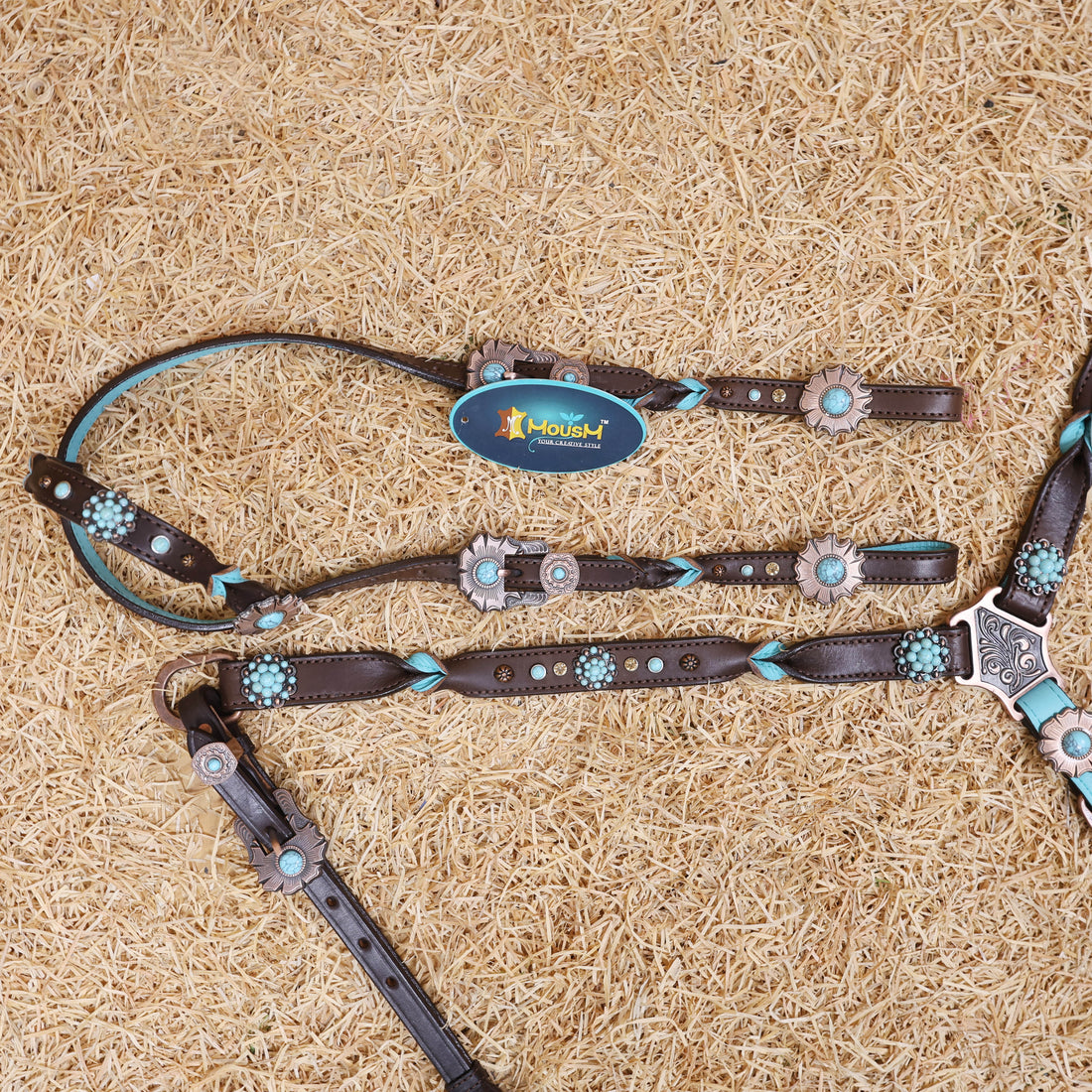 MOUSM Western Headstall and Breast Collar Set – Handcrafted from Argentina Cow Leather with Twisted Knot One-Ear Headstall, Cheekpiece, and Breast Collar, Berry Conchos with Turquoise Stones, Flower Conchos &amp; Flower Buckles with Center Turquoise Stone