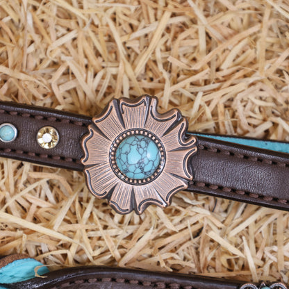 MOUSM Western Headstall and Breast Collar Set – Handcrafted from Argentina Cow Leather with Twisted Knot One-Ear Headstall, Cheekpiece, and Breast Collar, Berry Conchos with Turquoise Stones, Flower Conchos &amp; Flower Buckles with Center Turquoise Stone