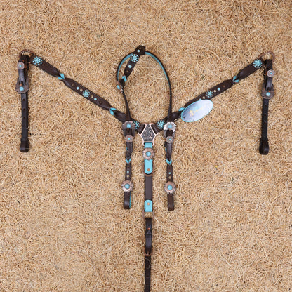 MOUSM Western Headstall and Breast Collar Set – Handcrafted from Argentina Cow Leather with Twisted Knot One-Ear Headstall, Cheekpiece, and Breast Collar, Berry Conchos with Turquoise Stones, Flower Conchos &amp; Flower Buckles with Center Turquoise Stone