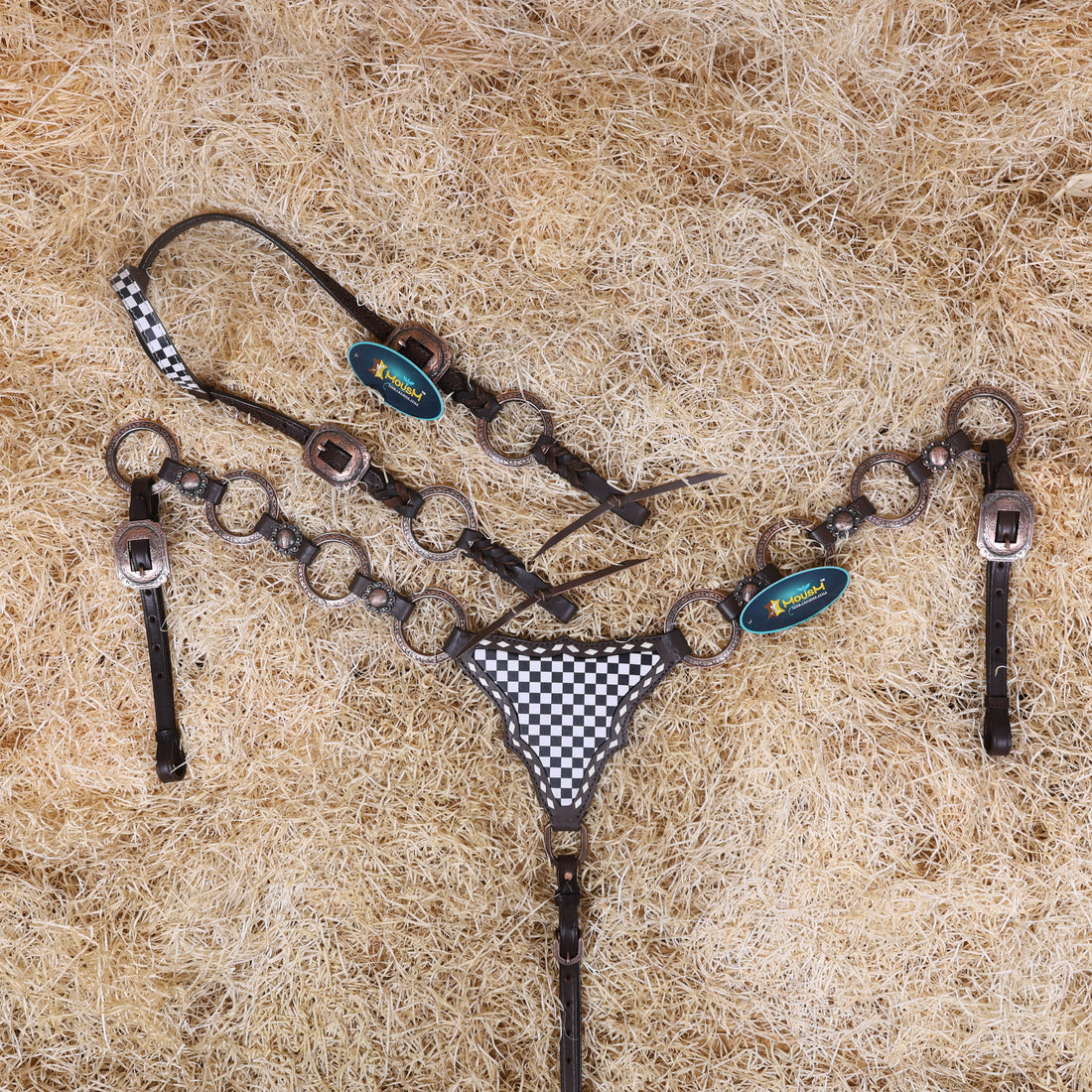 MOUSM Ring Headstall Set – Handcrafted from Genuine Argentine Leather, Featuring a Rock Black and White Checkered Gladiator Breast Collar with Engraved Metal Rings, Braided Cheekpieces, and Berry Conchos