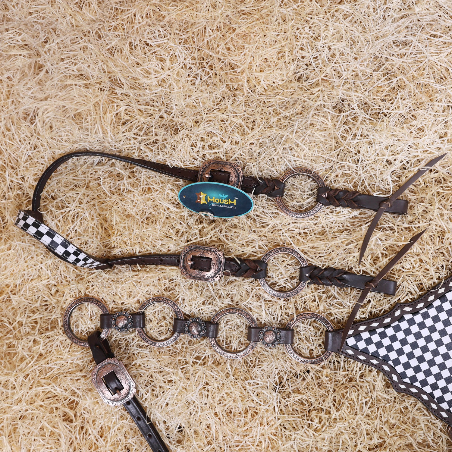 MOUSM Ring Headstall Set – Handcrafted from Genuine Argentine Leather, Featuring a Rock Black and White Checkered Gladiator Breast Collar with Engraved Metal Rings, Braided Cheekpieces, and Berry Conchos