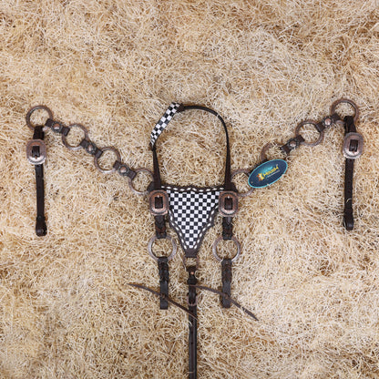 MOUSM Ring Headstall Set – Handcrafted from Genuine Argentine Leather, Featuring a Rock Black and White Checkered Gladiator Breast Collar with Engraved Metal Rings, Braided Cheekpieces, and Berry Conchos