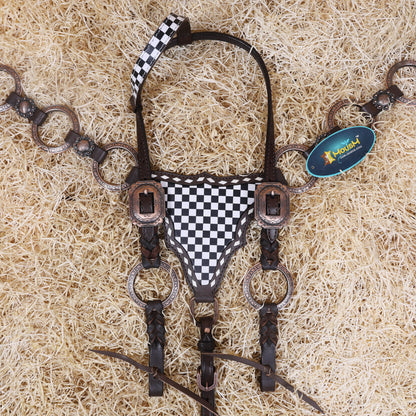 MOUSM Ring Headstall Set – Handcrafted from Genuine Argentine Leather, Featuring a Rock Black and White Checkered Gladiator Breast Collar with Engraved Metal Rings, Braided Cheekpieces, and Berry Conchos