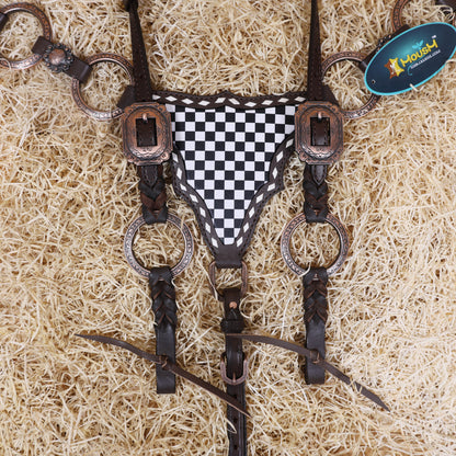 MOUSM Ring Headstall Set – Handcrafted from Genuine Argentine Leather, Featuring a Rock Black and White Checkered Gladiator Breast Collar with Engraved Metal Rings, Braided Cheekpieces, and Berry Conchos