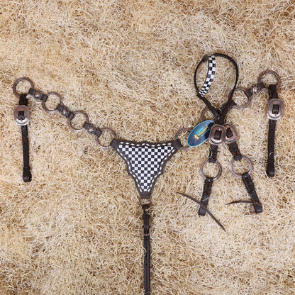 MOUSM Ring Headstall Set – Handcrafted from Genuine Argentine Leather, Featuring a Rock Black and White Checkered Gladiator Breast Collar with Engraved Metal Rings, Braided Cheekpieces, and Berry Conchos