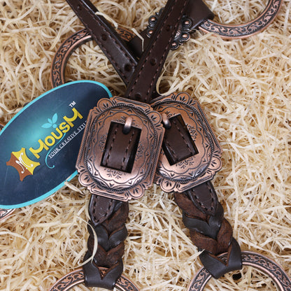 MOUSM Ring Headstall Set – Handcrafted from Genuine Argentine Leather, Featuring a Rock Black and White Checkered Gladiator Breast Collar with Engraved Metal Rings, Braided Cheekpieces, and Berry Conchos