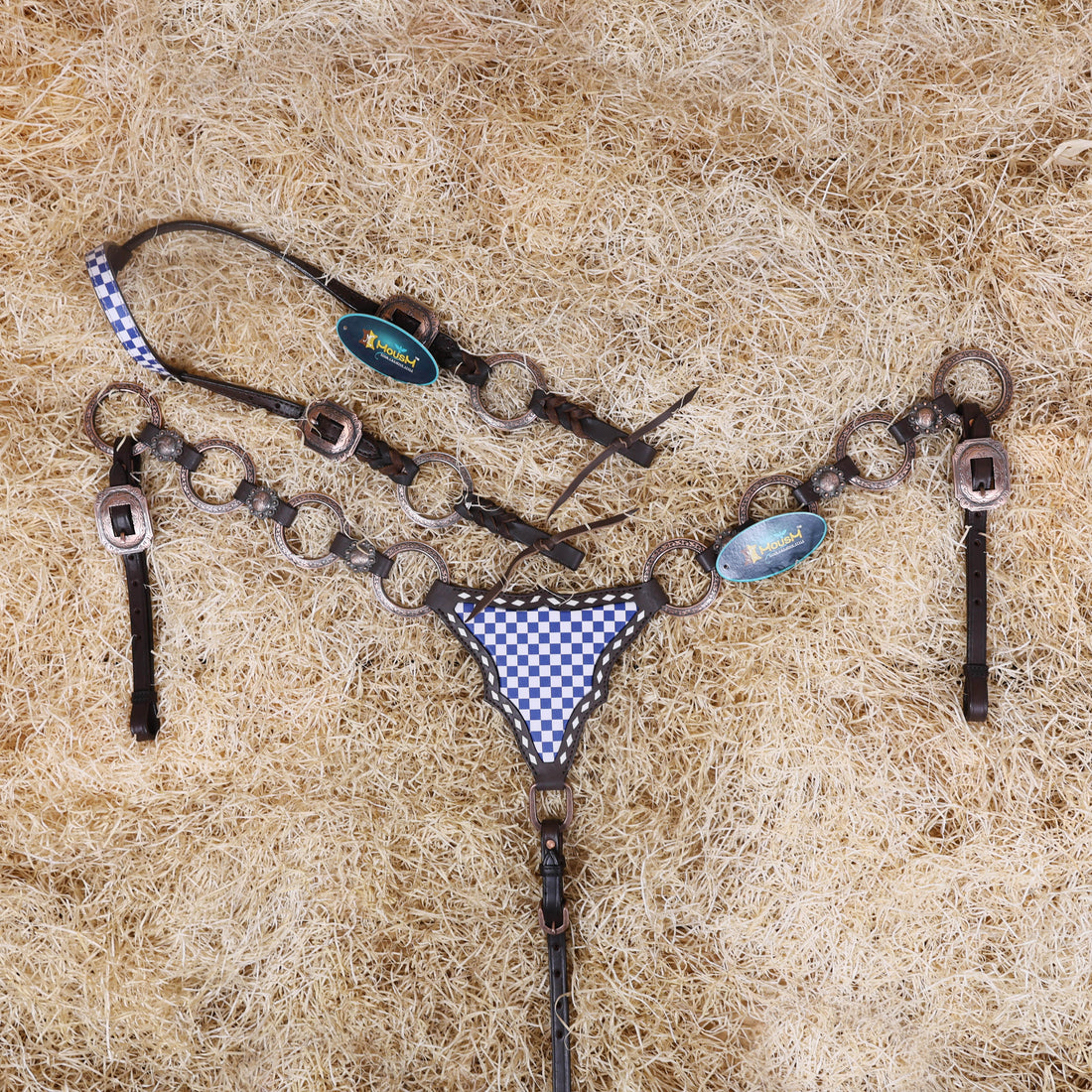 MOUSM Western Horse Tack Set – Handcrafted from Genuine Argentine Leather, Featuring a Royal Blue and White Checkered Gladiator Breast Collar with Engraved Metal Rings, Braided Cheekpieces, and Berry Conchos