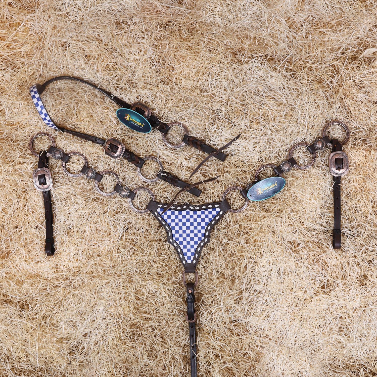 MOUSM Western Horse Tack Set – Handcrafted from Genuine Argentine Leather, Featuring a Royal Blue and White Checkered Gladiator Breast Collar with Engraved Metal Rings, Braided Cheekpieces, and Berry Conchos