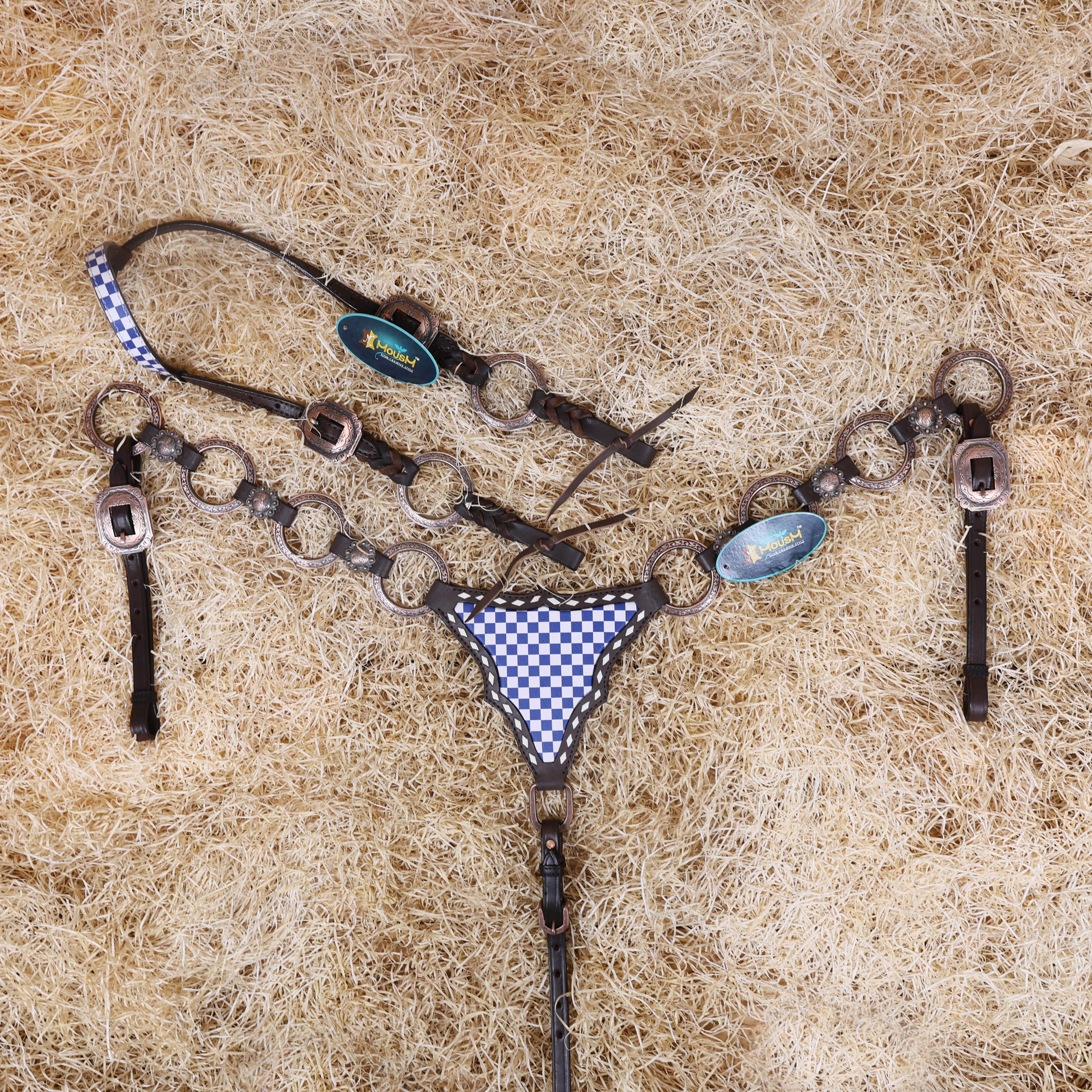 MOUSM Western Horse Tack Set – Handcrafted from Genuine Argentine Leather, Featuring a Royal Blue and White Checkered Gladiator Breast Collar with Engraved Metal Rings, Braided Cheekpieces, and Berry Conchos