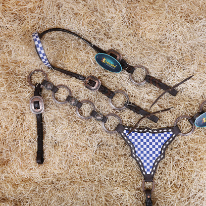 MOUSM Western Horse Tack Set – Handcrafted from Genuine Argentine Leather, Featuring a Royal Blue and White Checkered Gladiator Breast Collar with Engraved Metal Rings, Braided Cheekpieces, and Berry Conchos