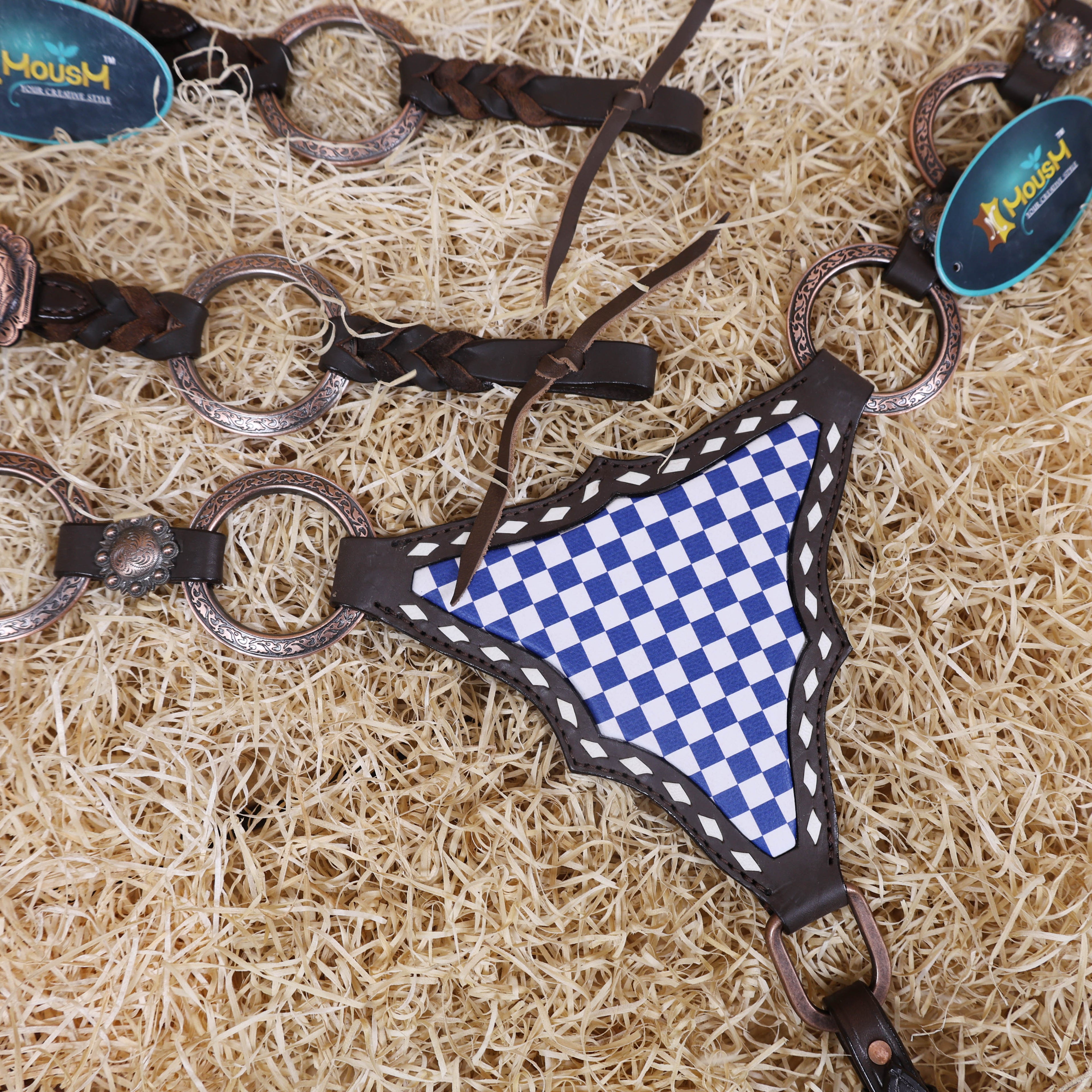 MOUSM Western Horse Tack Set – Handcrafted from Genuine Argentine Leather, Featuring a Royal Blue and White Checkered Gladiator Breast Collar with Engraved Metal Rings, Braided Cheekpieces, and Berry Conchos