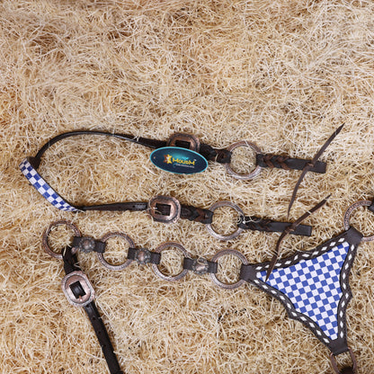 MOUSM Western Horse Tack Set – Handcrafted from Genuine Argentine Leather, Featuring a Royal Blue and White Checkered Gladiator Breast Collar with Engraved Metal Rings, Braided Cheekpieces, and Berry Conchos