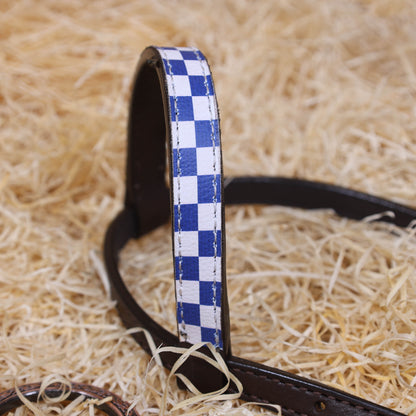 MOUSM Western Horse Tack Set – Handcrafted from Genuine Argentine Leather, Featuring a Royal Blue and White Checkered Gladiator Breast Collar with Engraved Metal Rings, Braided Cheekpieces, and Berry Conchos