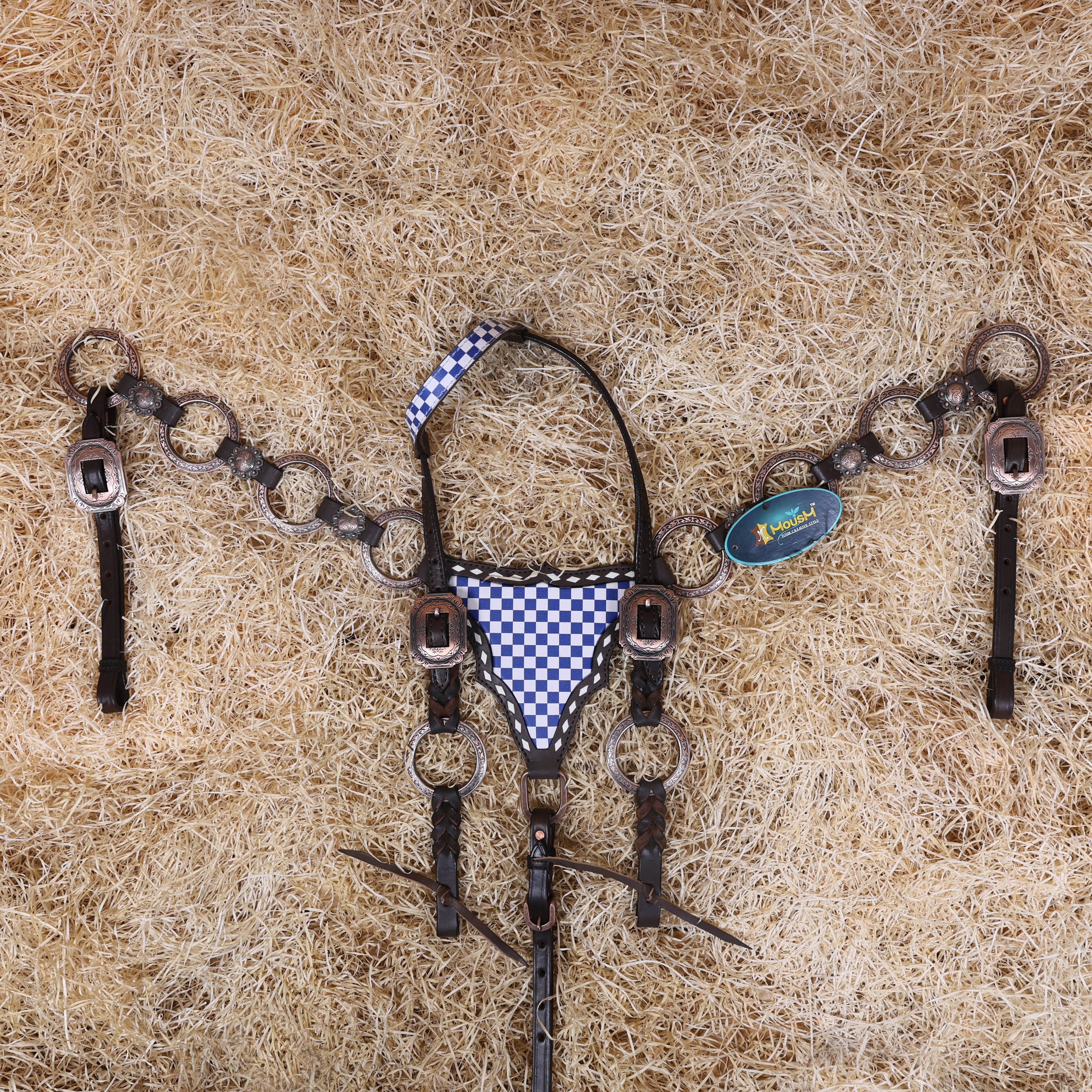 MOUSM Western Horse Tack Set – Handcrafted from Genuine Argentine Leather, Featuring a Royal Blue and White Checkered Gladiator Breast Collar with Engraved Metal Rings, Braided Cheekpieces, and Berry Conchos