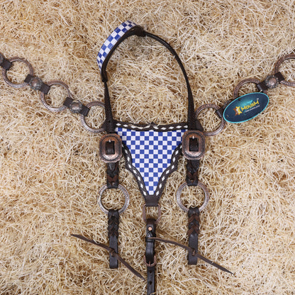 MOUSM Western Horse Tack Set – Handcrafted from Genuine Argentine Leather, Featuring a Royal Blue and White Checkered Gladiator Breast Collar with Engraved Metal Rings, Braided Cheekpieces, and Berry Conchos
