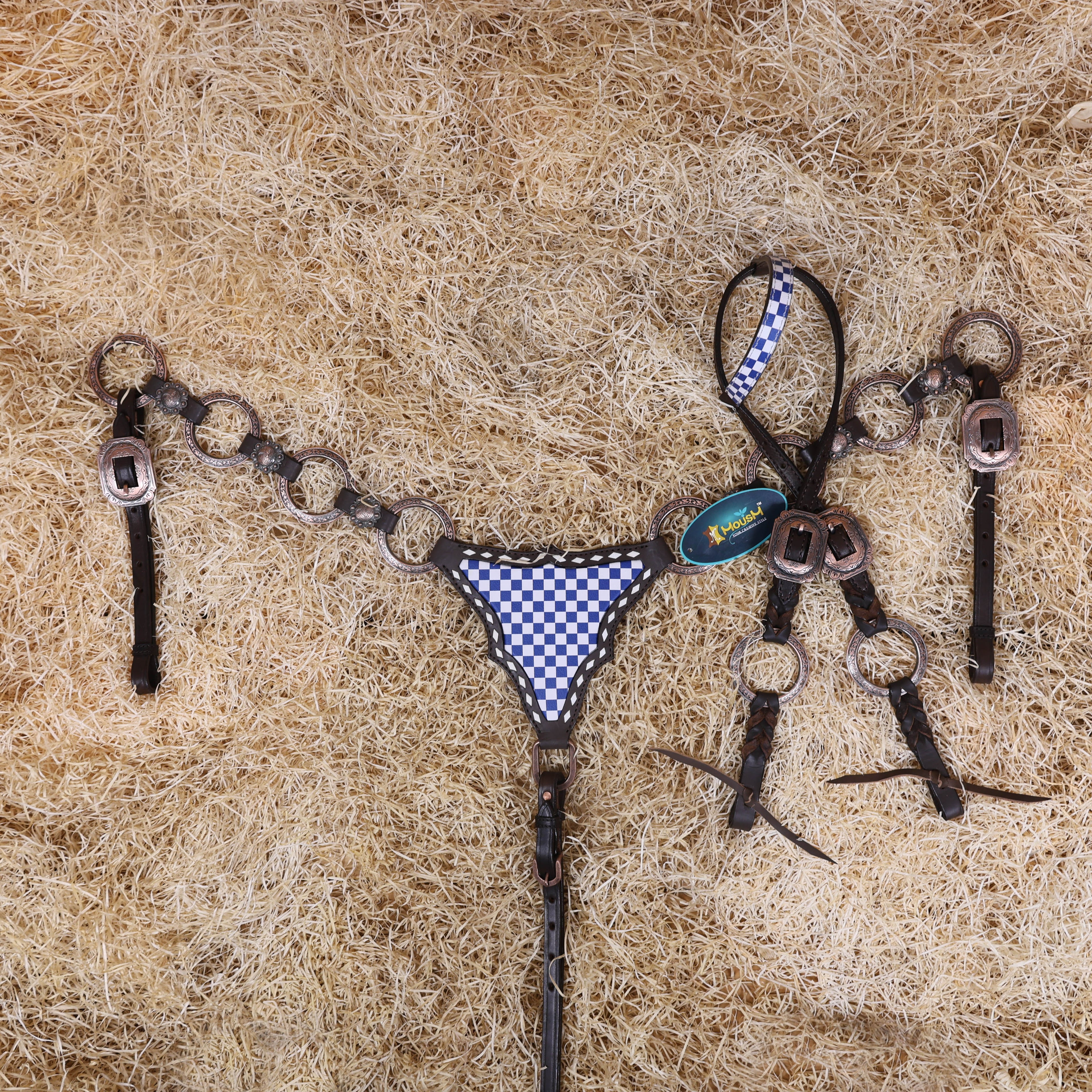 MOUSM Western Horse Tack Set – Handcrafted from Genuine Argentine Leather, Featuring a Royal Blue and White Checkered Gladiator Breast Collar with Engraved Metal Rings, Braided Cheekpieces, and Berry Conchos