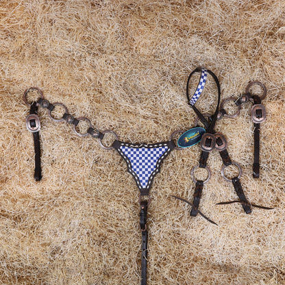 MOUSM Western Horse Tack Set – Handcrafted from Genuine Argentine Leather, Featuring a Royal Blue and White Checkered Gladiator Breast Collar with Engraved Metal Rings, Braided Cheekpieces, and Berry Conchos