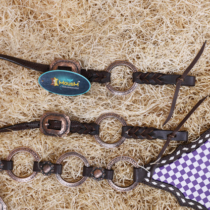 MOUSM Western One Ear Headstall Set – Handcrafted from Genuine Argentine Leather, Featuring a Purple and White Checkered Gladiator Breast Collar with Engraved Metal Rings, Braided Cheekpieces, and Berry Conchos