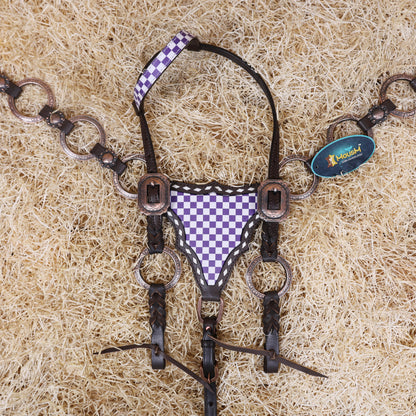 MOUSM Western One Ear Headstall Set – Handcrafted from Genuine Argentine Leather, Featuring a Purple and White Checkered Gladiator Breast Collar with Engraved Metal Rings, Braided Cheekpieces, and Berry Conchos