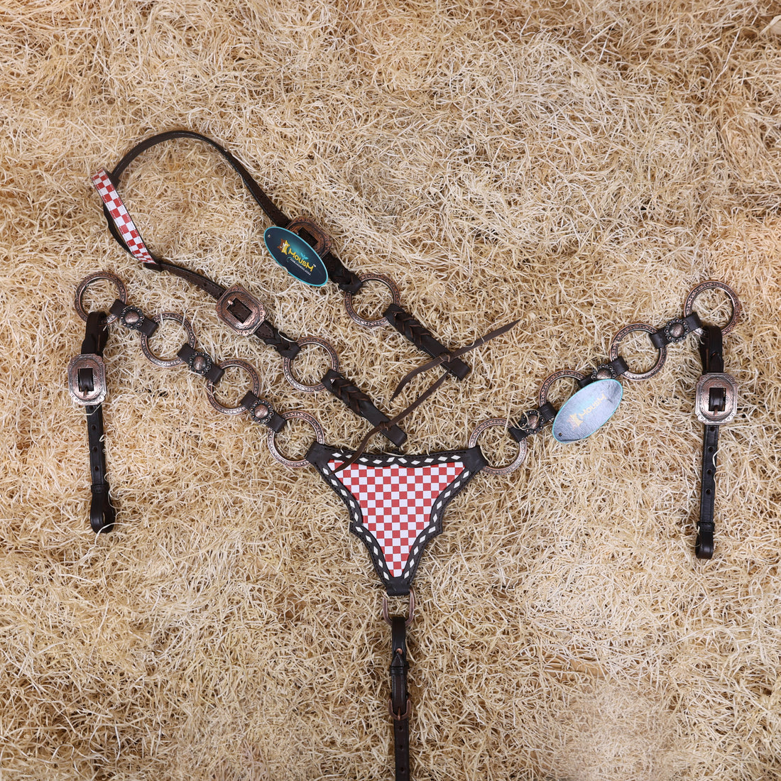 MOUSM Horse Headstall Set – Handcrafted from Genuine Argentine Leather, Featuring an Orange and White Checkered Gladiator Breast Collar with Engraved Metal Rings, Braided Cheekpieces, and Berry Concho