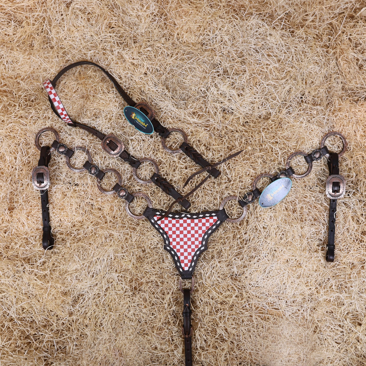 MOUSM Horse Headstall Set – Handcrafted from Genuine Argentine Leather, Featuring an Orange and White Checkered Gladiator Breast Collar with Engraved Metal Rings, Braided Cheekpieces, and Berry Concho