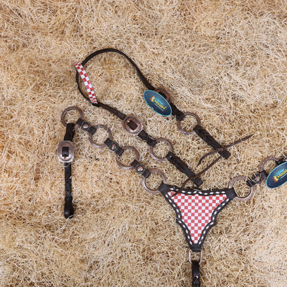 MOUSM Horse Headstall Set – Handcrafted from Genuine Argentine Leather, Featuring an Orange and White Checkered Gladiator Breast Collar with Engraved Metal Rings, Braided Cheekpieces, and Berry Concho