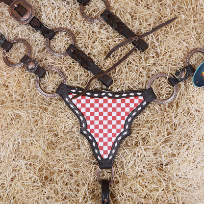 MOUSM Horse Headstall Set – Handcrafted from Genuine Argentine Leather, Featuring an Orange and White Checkered Gladiator Breast Collar with Engraved Metal Rings, Braided Cheekpieces, and Berry Concho