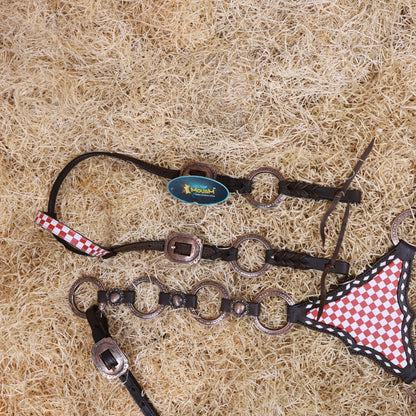 MOUSM Horse Headstall Set – Handcrafted from Genuine Argentine Leather, Featuring an Orange and White Checkered Gladiator Breast Collar with Engraved Metal Rings, Braided Cheekpieces, and Berry Concho