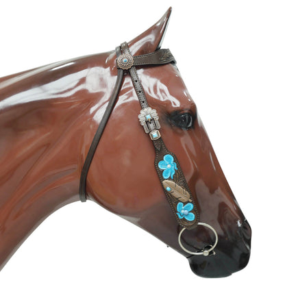 MOUSM Western Browband Headstall and Breast Collar Set – Featuring Hand-Carved Floral Tooling with Turquoise Accents, Feather Hardware on the Cheekpieces, Designer Conchos, and All-Copper Hardware
