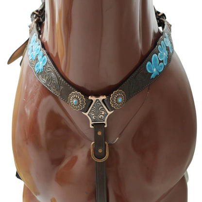 MOUSM Western Browband Headstall and Breast Collar Set – Featuring Hand-Carved Floral Tooling with Turquoise Accents, Feather Hardware on the Cheekpieces, Designer Conchos, and All-Copper Hardware