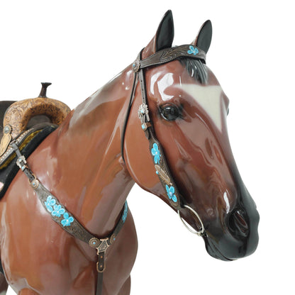 MOUSM Western Browband Headstall and Breast Collar Set – Featuring Hand-Carved Floral Tooling with Turquoise Accents, Feather Hardware on the Cheekpieces, Designer Conchos, and All-Copper Hardware