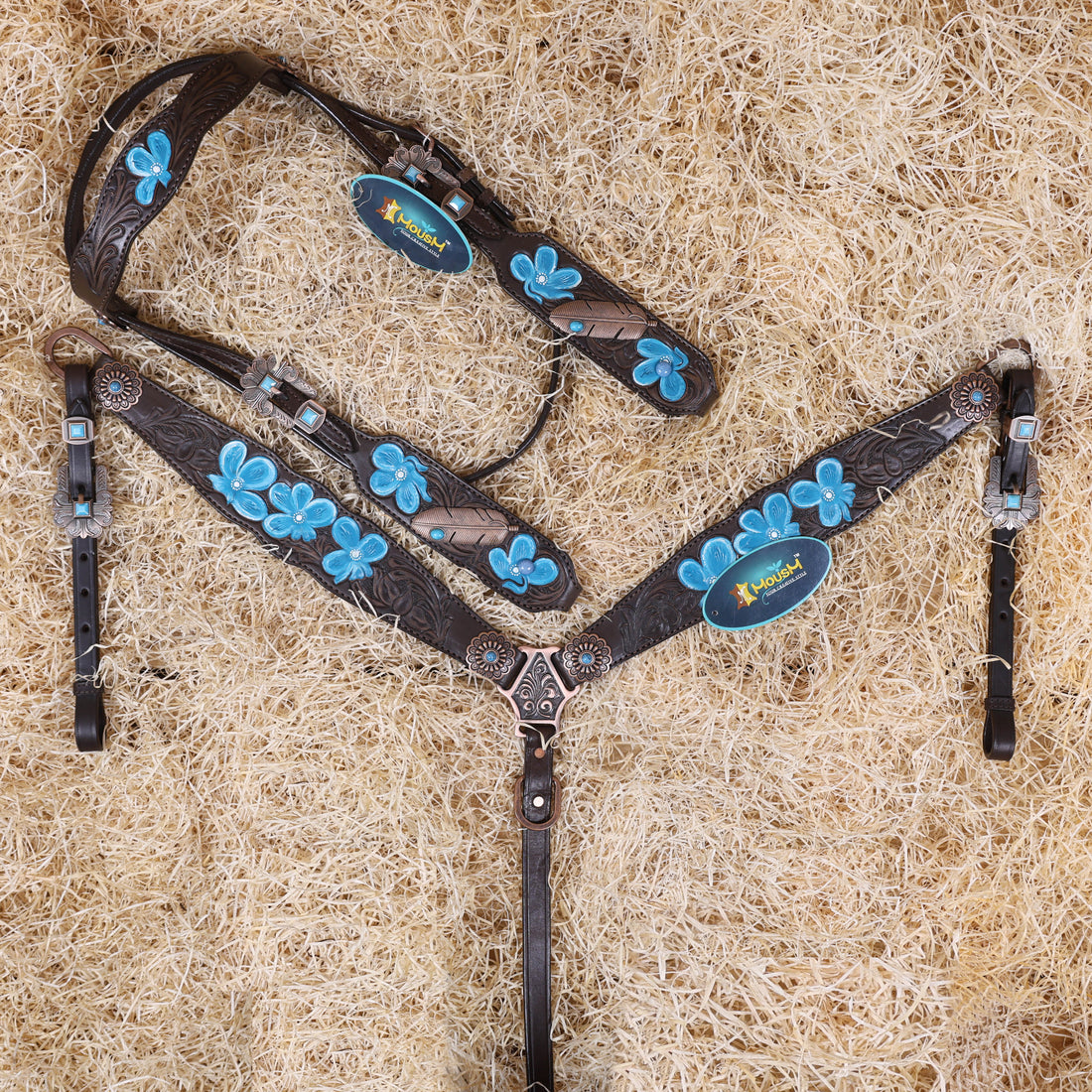 MOUSM Western Browband Headstall and Breast Collar Set – Featuring Hand-Carved Floral Tooling with Turquoise Accents, Feather Hardware on the Cheekpieces, Designer Conchos, and All-Copper Hardware