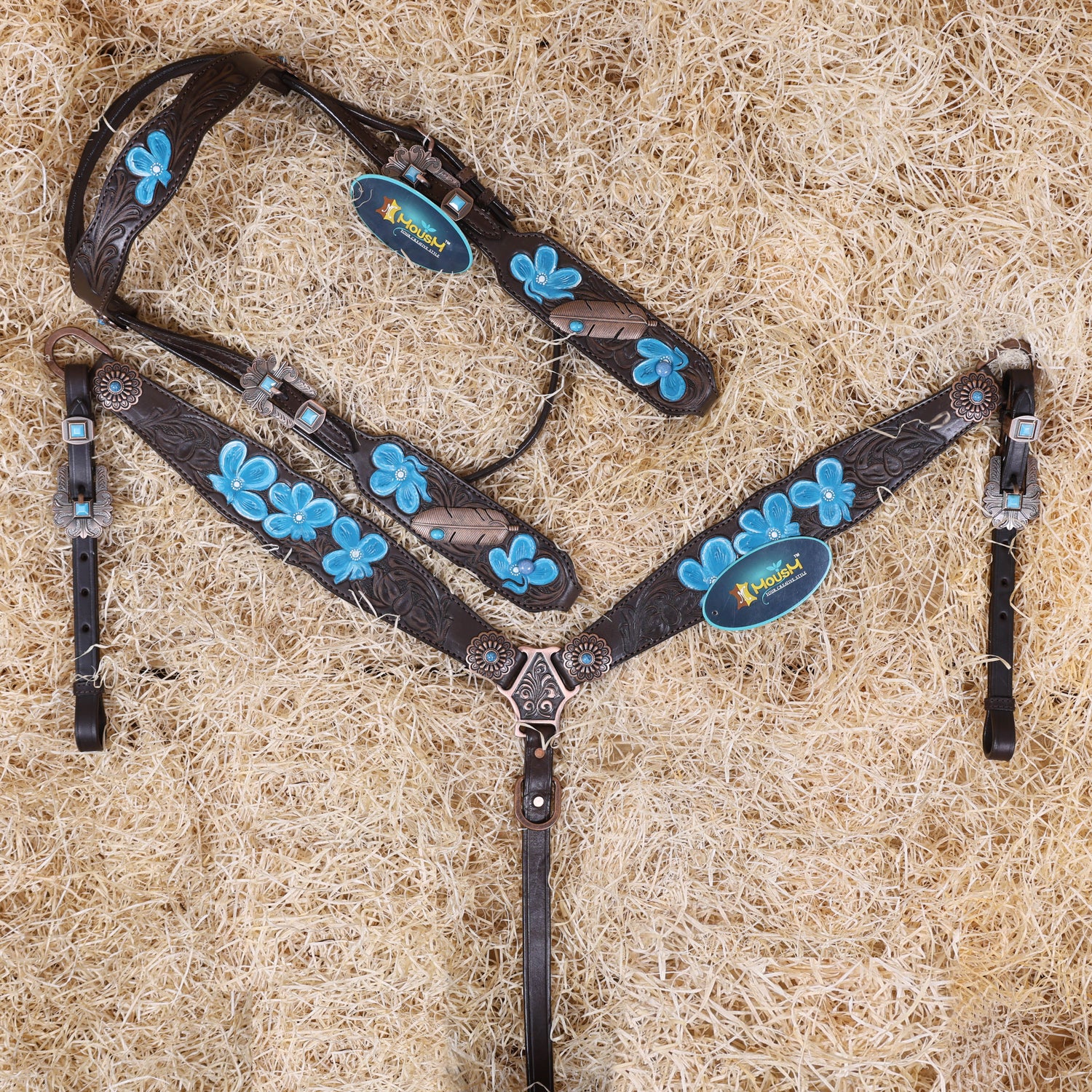 MOUSM Western Browband Headstall and Breast Collar Set – Featuring Hand-Carved Floral Tooling with Turquoise Accents, Feather Hardware on the Cheekpieces, Designer Conchos, and All-Copper Hardware