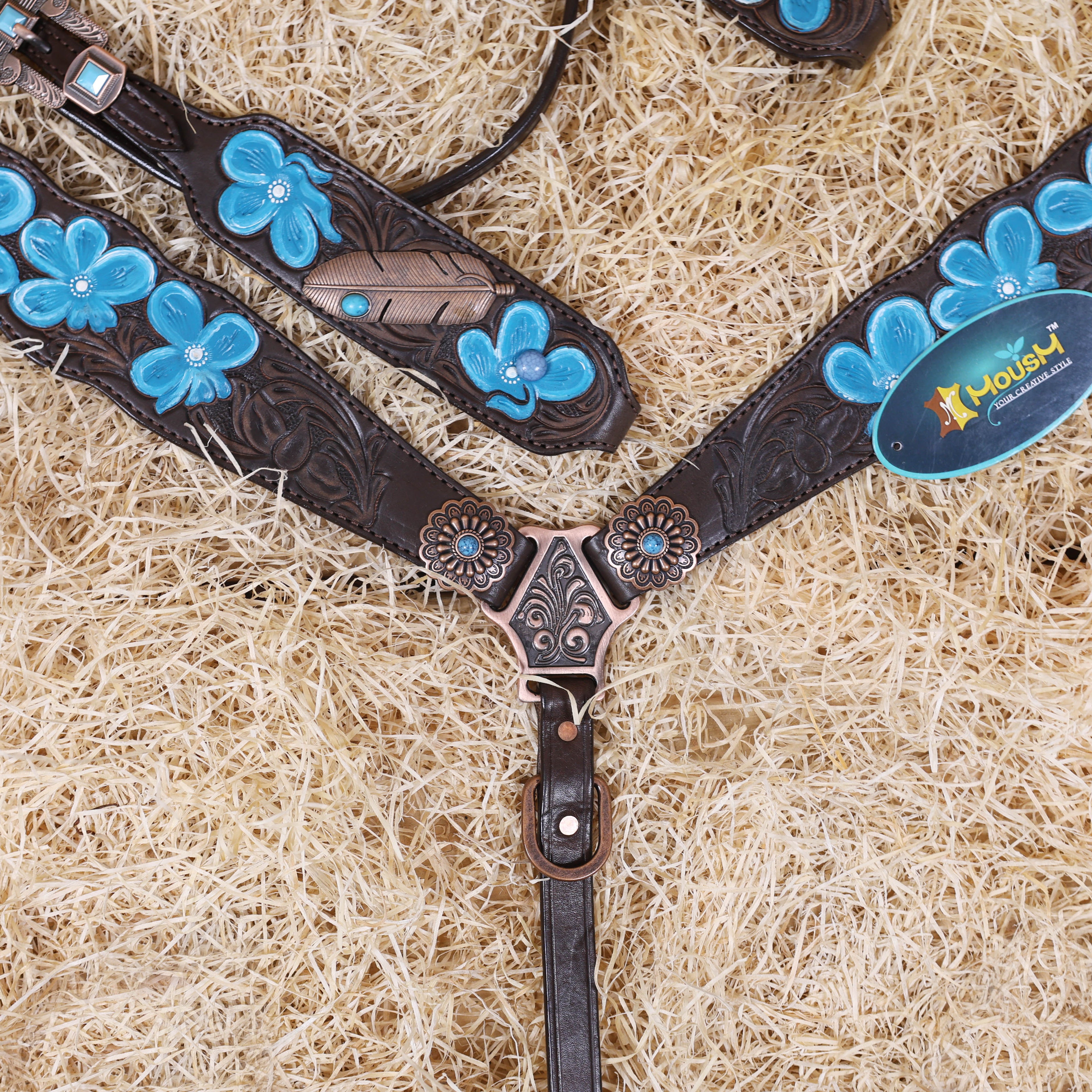 MOUSM Western Browband Headstall and Breast Collar Set – Featuring Hand-Carved Floral Tooling with Turquoise Accents, Feather Hardware on the Cheekpieces, Designer Conchos, and All-Copper Hardware