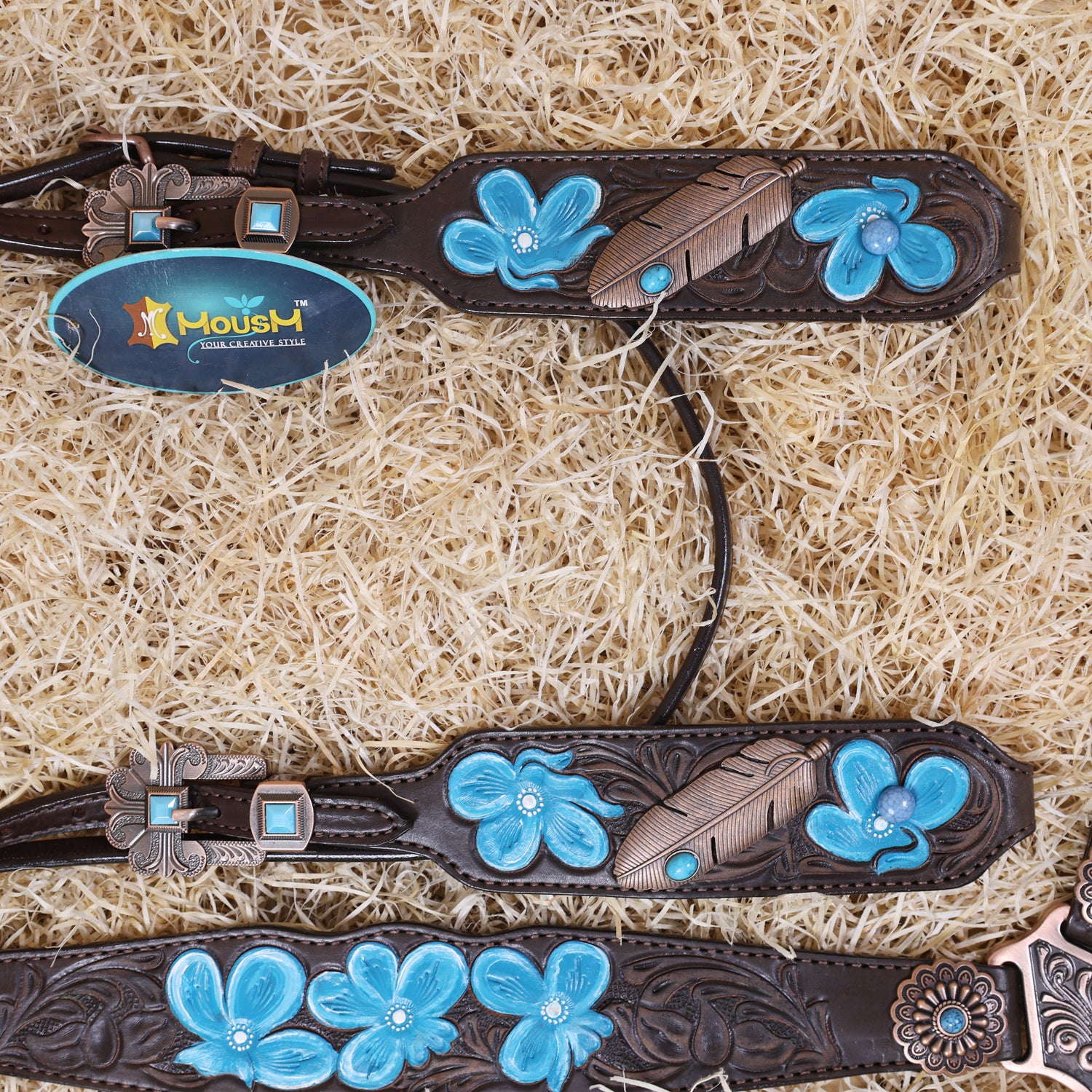 MOUSM Western Browband Headstall and Breast Collar Set – Featuring Hand-Carved Floral Tooling with Turquoise Accents, Feather Hardware on the Cheekpieces, Designer Conchos, and All-Copper Hardware