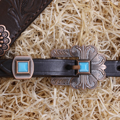 MOUSM Western Browband Headstall and Breast Collar Set – Featuring Hand-Carved Floral Tooling with Turquoise Accents, Feather Hardware on the Cheekpieces, Designer Conchos, and All-Copper Hardware