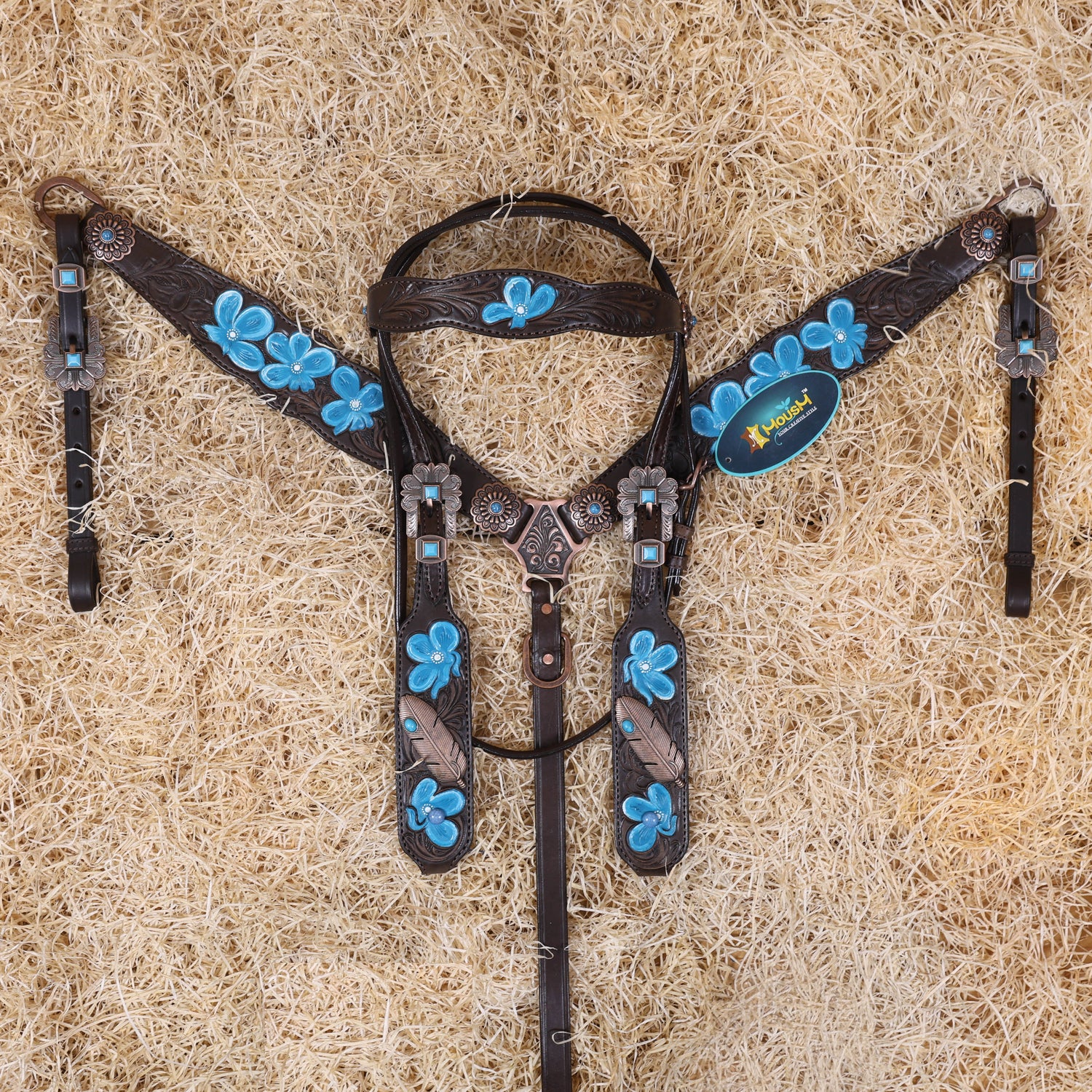 MOUSM Western Browband Headstall and Breast Collar Set – Featuring Hand-Carved Floral Tooling with Turquoise Accents, Feather Hardware on the Cheekpieces, Designer Conchos, and All-Copper Hardware
