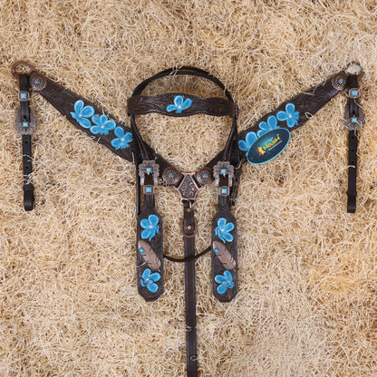 MOUSM Western Browband Headstall and Breast Collar Set – Featuring Hand-Carved Floral Tooling with Turquoise Accents, Feather Hardware on the Cheekpieces, Designer Conchos, and All-Copper Hardware