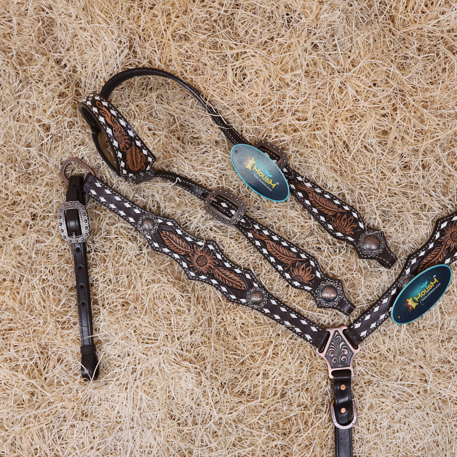 MOUSM Western Horse Headstall – Handcrafted from Argentine Cow Leather Featuring Sunflower Hand Tooling, Buck Stitching, Congress Concho, and All Antique Copper Hardware