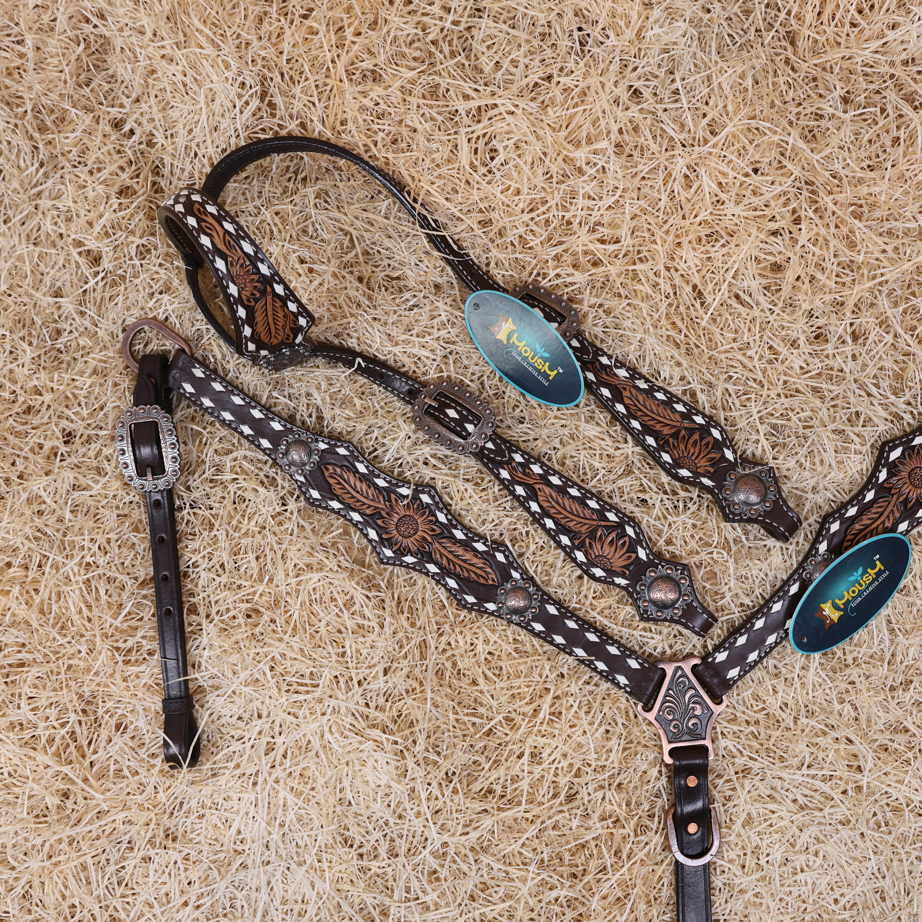 MOUSM Western Horse Headstall – Handcrafted from Argentine Cow Leather Featuring Sunflower Hand Tooling, Buck Stitching, Congress Concho, and All Antique Copper Hardware